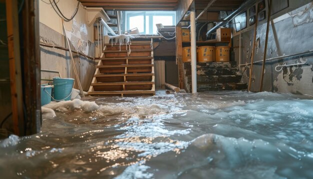 Photo flooded basement after heavy rainstorm in residential area captured in winter