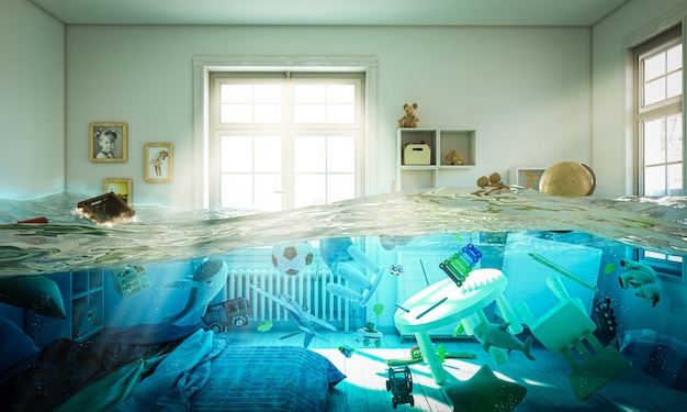 Flooded bedroom full of toys floating in the water.