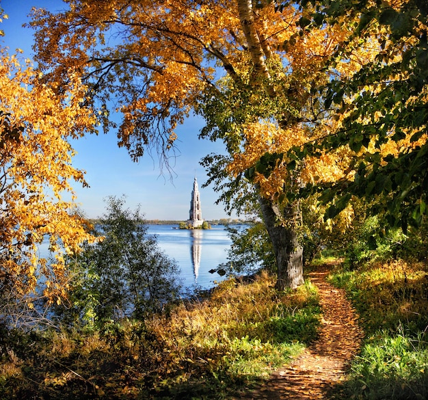 Flooded belfry in Kalyazin on the Volga framed by gold leaves in the sunny autumn