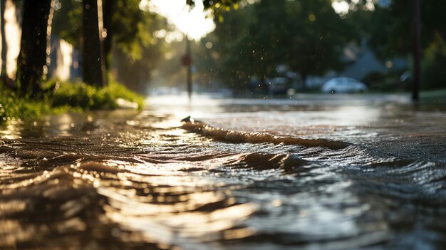 Photo flooded city street at golden hour