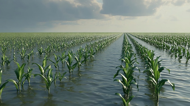 Flooded farmland submerged crops and fields with dark clouds overhead