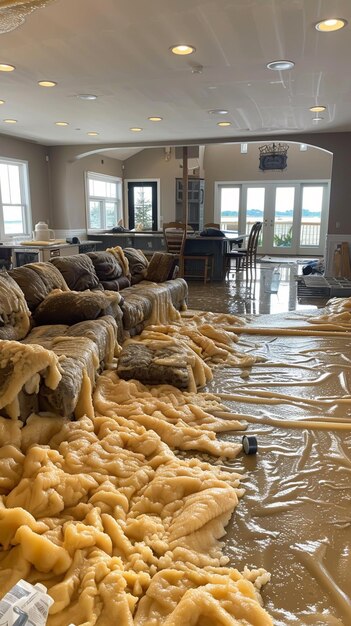 Photo flooded home interior with damaged furniture and insulation in waterlogged living room