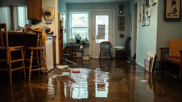 A flooded kitchen and living area with water pooling on the floor Various furniture including a counter with stools chairs and household items are visible