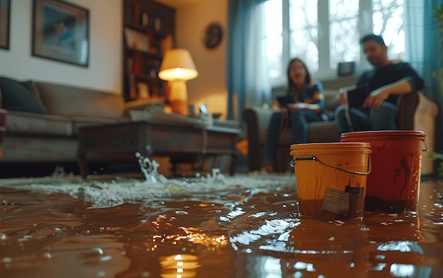 Photo flooded living room with buckets after a water leak