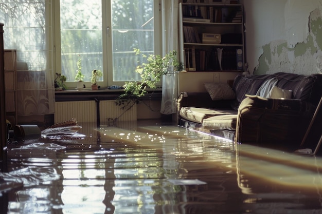 Photo flooded living room with sunlight reflecting on water disaster concept