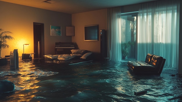 Flooded Living Room with Sunlit Window