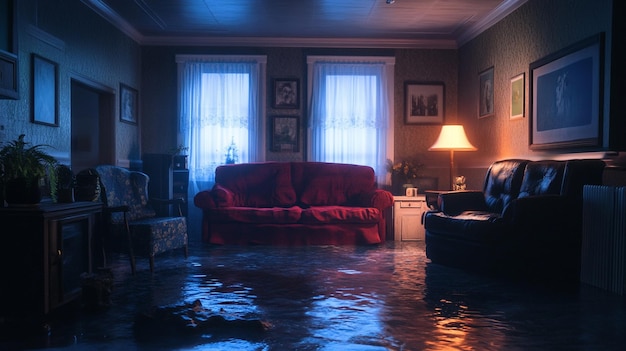 Flooded Living Room with Sunlit Window