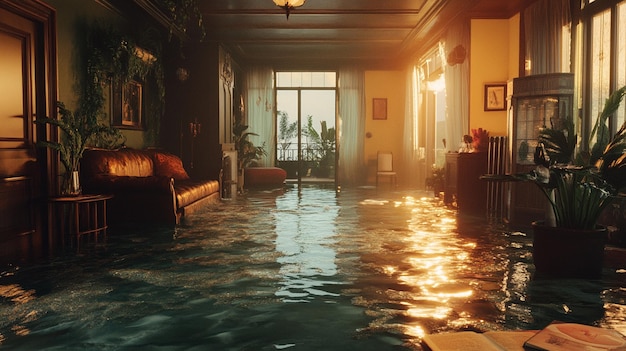 Flooded Living Room with Sunlit Window