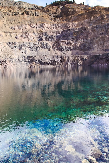 Flooded quarry in the mountains Location for mining Beautiful turquoise lake Kyrgyzstan AkTuz