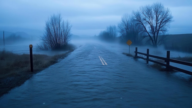 A flooded road surrounded by fog and trees creating a mysterious and eerie atmosphere at dawn