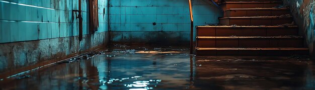 Photo flooded room illustration with stairs and teal tiles