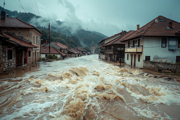 Flooded small town street with houses partially submerged in water showing disaster and resilience