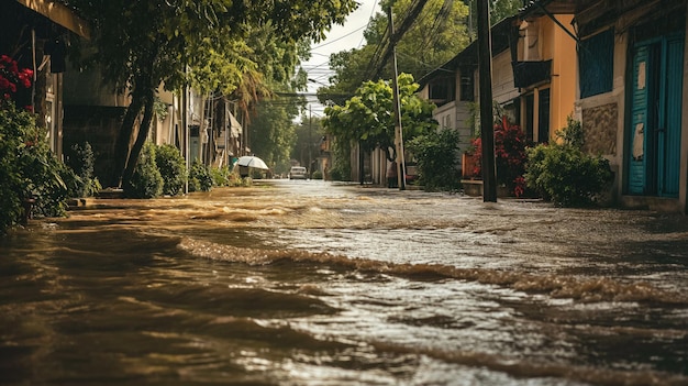 Flooded street in a tropical town