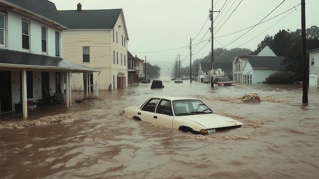 A flooded street with a car in the middle of it The car is upside down and the water is up to the roof The scene is chaotic and disorienting