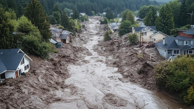 A flooded street with houses in the background Scene is one of destruction and chaos