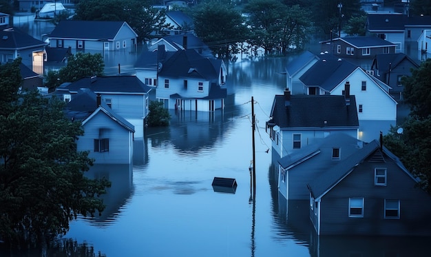 A flooded street with houses in the background Scene is somber and sad