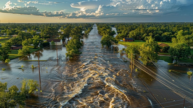 Photo a flooded street with a lot of trees and houses the water is brown and murky the sky is cloudy and t