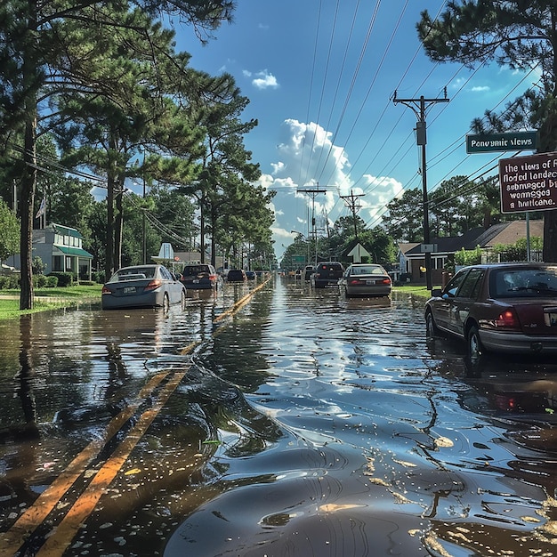 a flooded street with a sign that says  the road