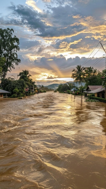 A flooded street with a sunset in the background