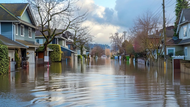 Photo flooded street with water reaching the front doors of homes the water is brown and murky and there is debris floating in it