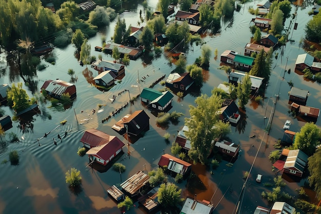 A flooded town with houses and trees