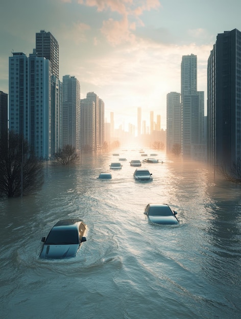 Photo a flooded urban landscape with submerged cars and skyscrapers under a dramatic sky showcasing climate impact