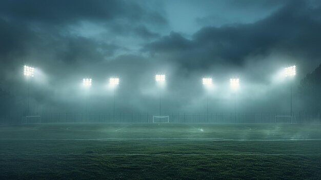 Photo floodlit sports field shrouded in a thick mist capturing a hauntingly serene and atmospheric nighttime scene