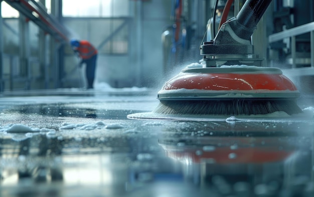 Floor buffing machine in action with soapy water and operator