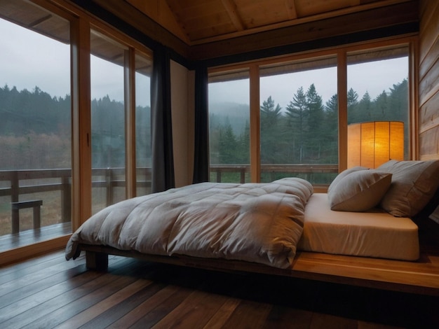 Floor to ceiling windows in one sided log cabin A dark rain covered landscape outside Created by AI