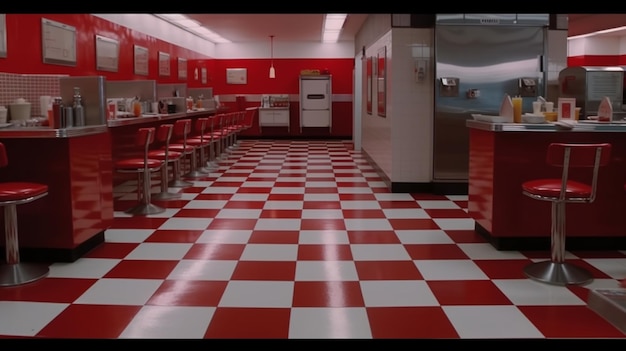 The floor of a diner with red and white checkered floors.