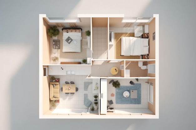 A floor plan of a house with a bed, a couch, and a table with a lamp on it.