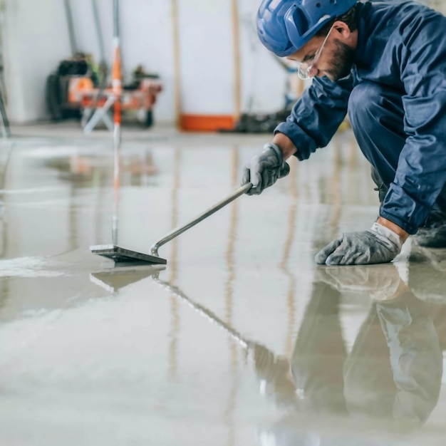 Floor priming process Worker use primer on concrete floor before laying tiles strengthening