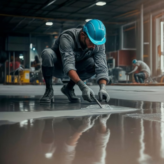 Floor priming process Worker use primer on concrete floor before laying tiles strengthening