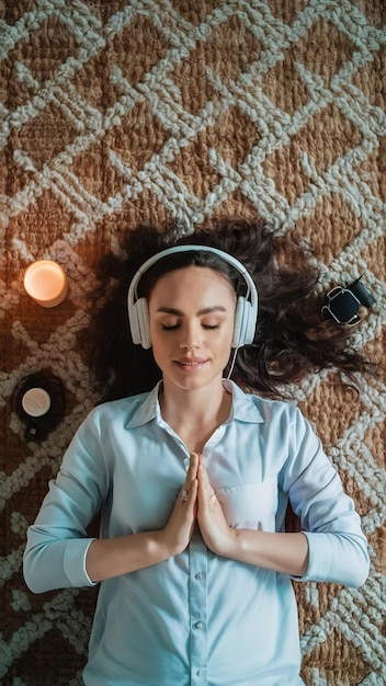 Photo floor relax and woman with headphones in meditation for mental health music spiritual healing