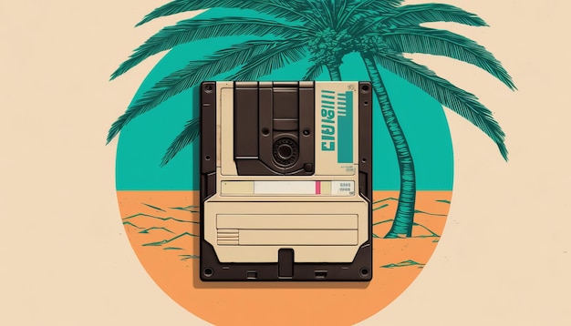 Floppy disk with palm 90s Modern collage in retro colors for party design