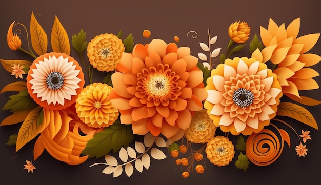 Floral abstract orange color flower border background image AI Generated