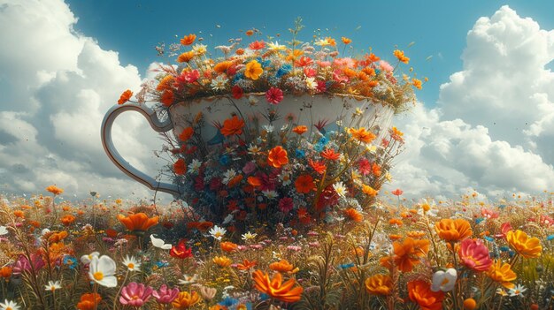 Floral Abundance Overflowing Teacup in a Vibrant Field of Wildflowers