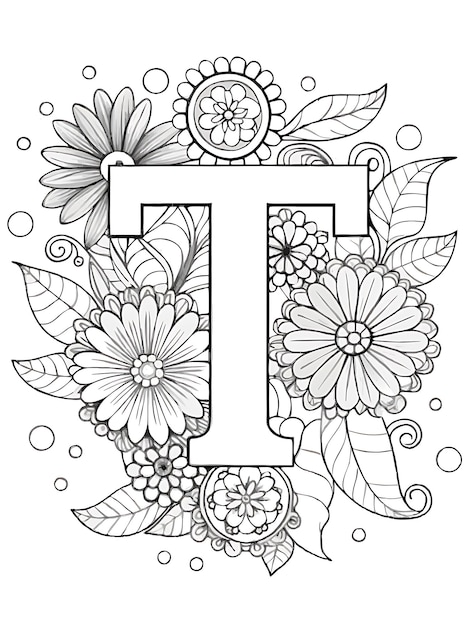 Photo floral alphabet coloring page featuring the letter t with intricate flowers