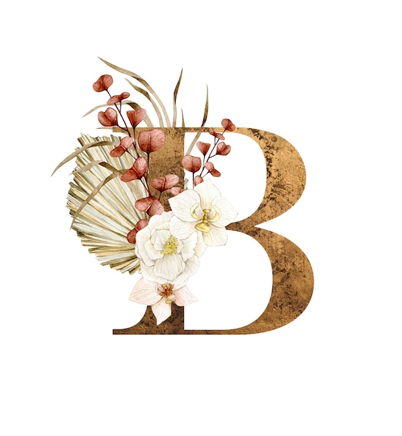 Floral Alphabet letter B with flowers boho bouquet composition and delicate gold texture