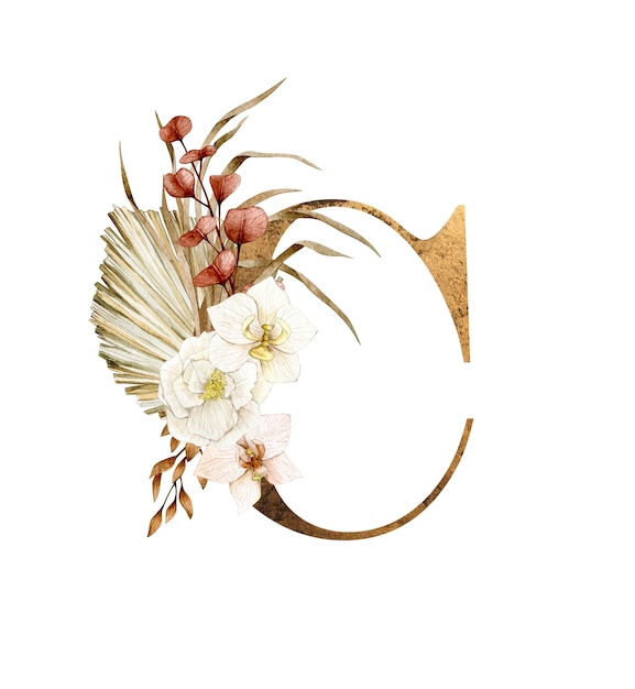 Floral Alphabet letter C with flowers boho bouquet composition and delicate gold texture