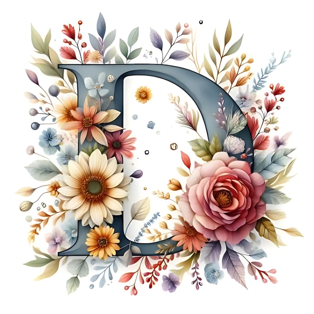 Photo floral alphabet letter d watercolour generative ai