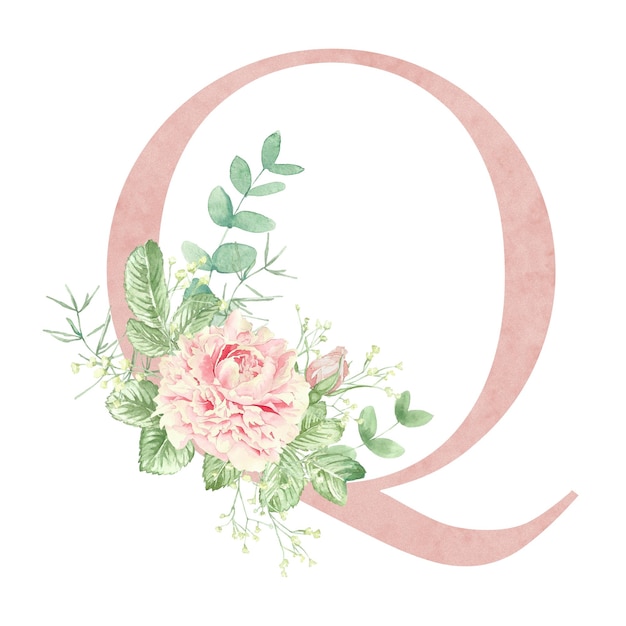 Photo floral alphabet letter q the letters of the alphabet are pink and decorated with watercolor roses