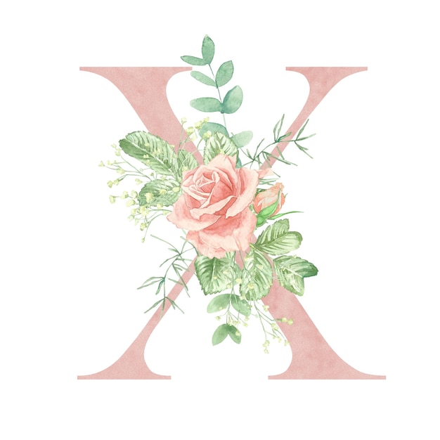 Photo floral alphabet letter x the letters of the alphabet are pink and decorated with watercolor roses