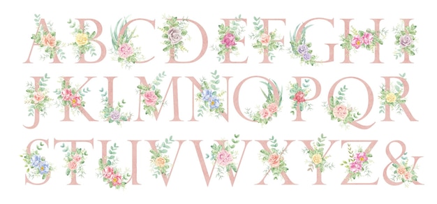 Floral alphabet The letters of the alphabet are pink and decorated with watercolor roses