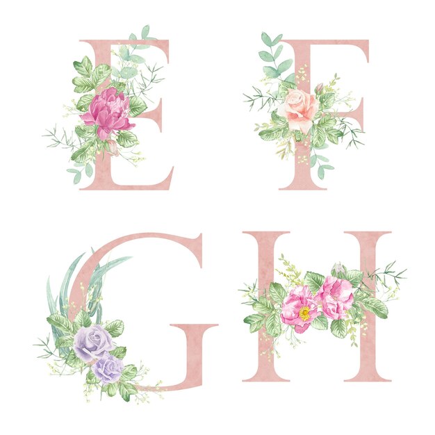 Floral alphabet letters E F G H The letters of the alphabet are pink