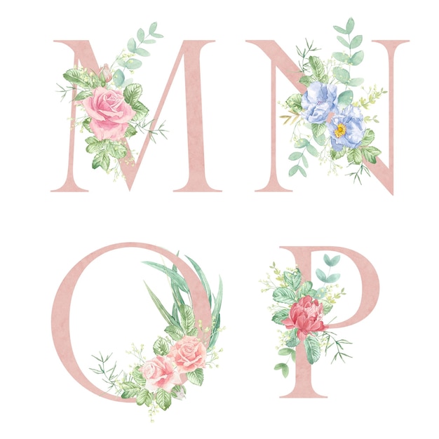 Photo floral alphabet letters m n o p the letters of the alphabet are pink