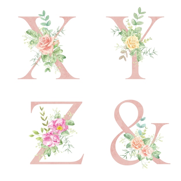 Photo floral alphabet letters y z x pink alphabet letters decorated with watercolor roses