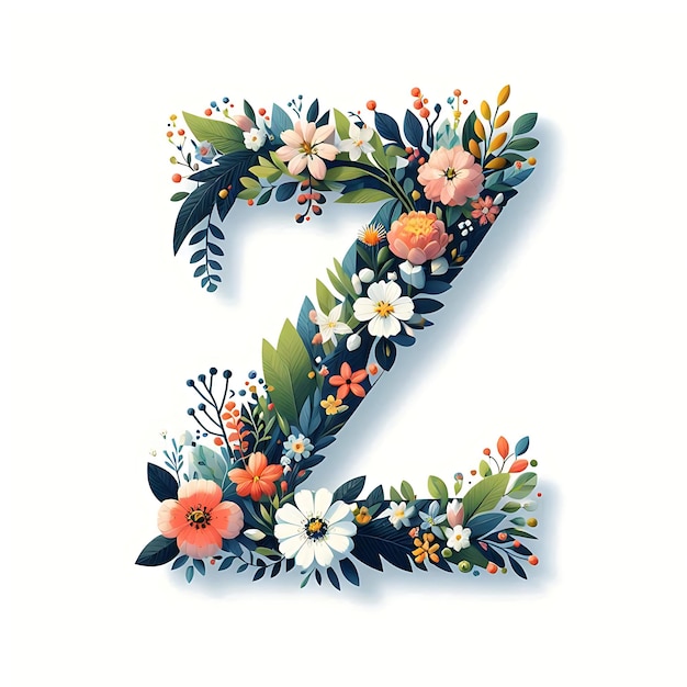 Floral alphabet Z with a solid white background