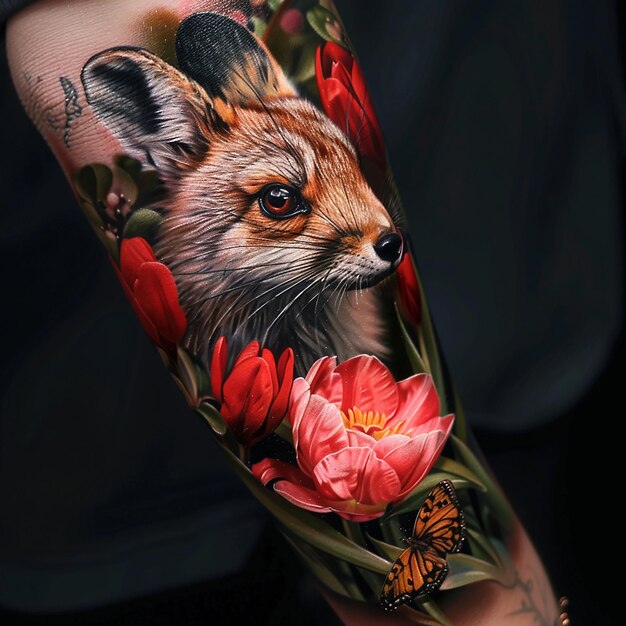 Photo floral and animal hybrid tattoo on a mans forearm