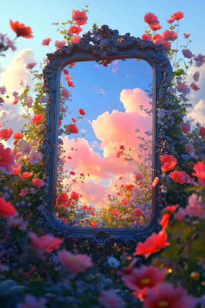 Photo floral arch reflecting vibrant sky and clouds